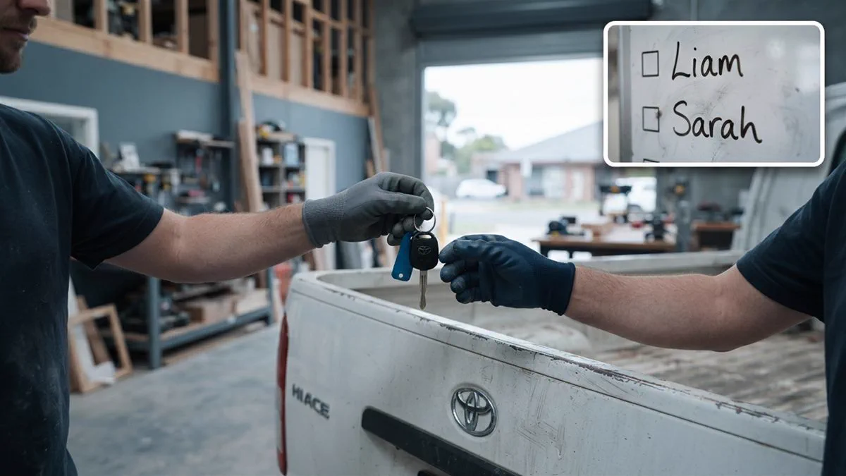 A set of keys being handed from one tradesperson to another on a worksite